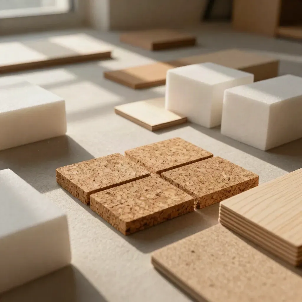 Foam blocks, cork idea tiles and wood samples clustered on a felt mat in warm studio light.