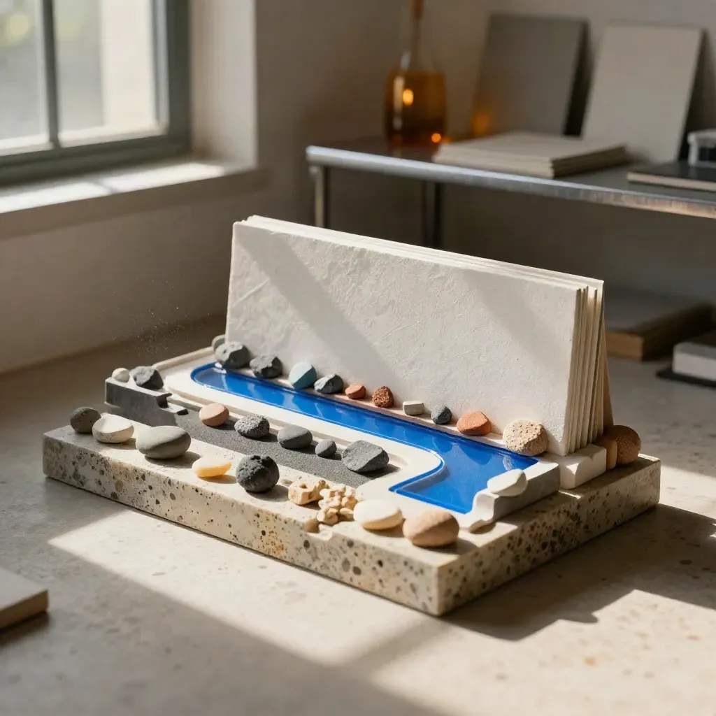 Contour cards, mineral samples, and a blue path model in a quiet strategy studio corner.