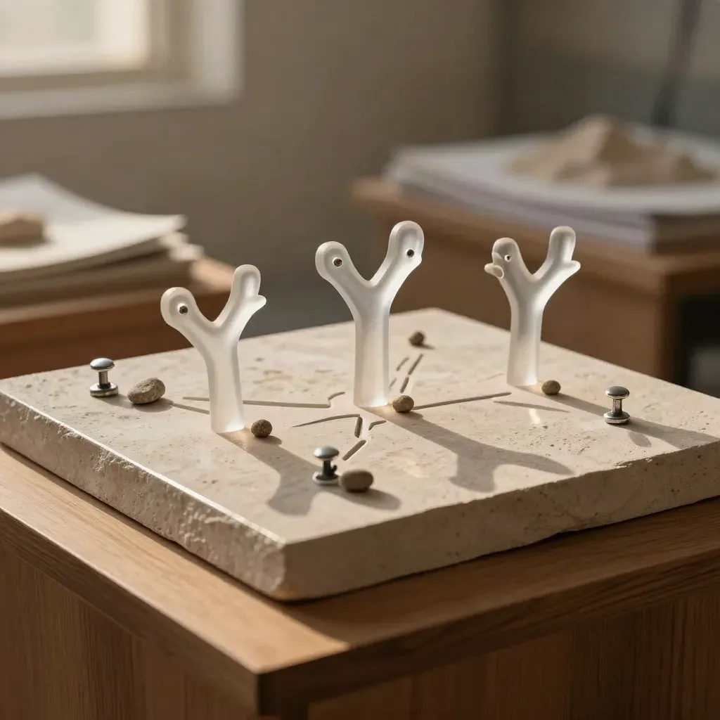 Translucent branching scenario fins on a pale topographic surface with silver markers and haze.