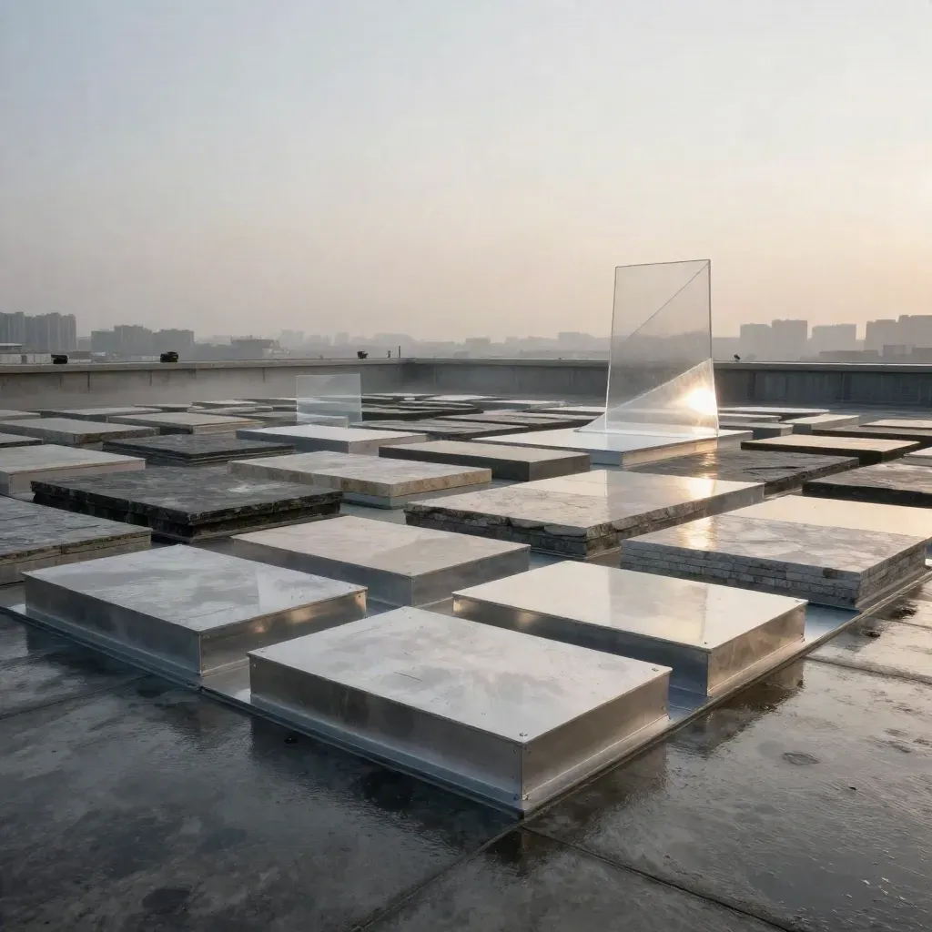 Rooftop foresight installation in blue hour mist with silver metal, stone and acetate layers
