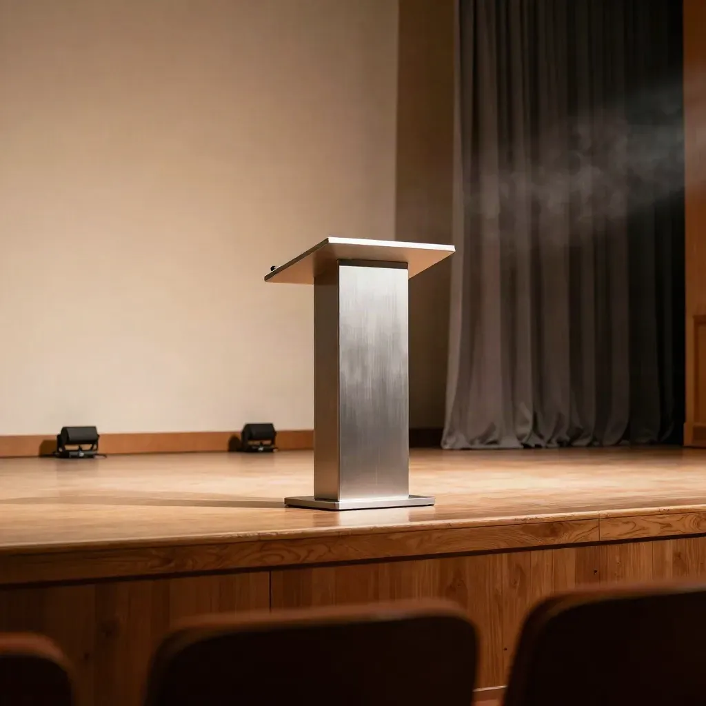 Empty keynote stage with silver lectern, acoustic drape, floor lights, and rehearsal haze.