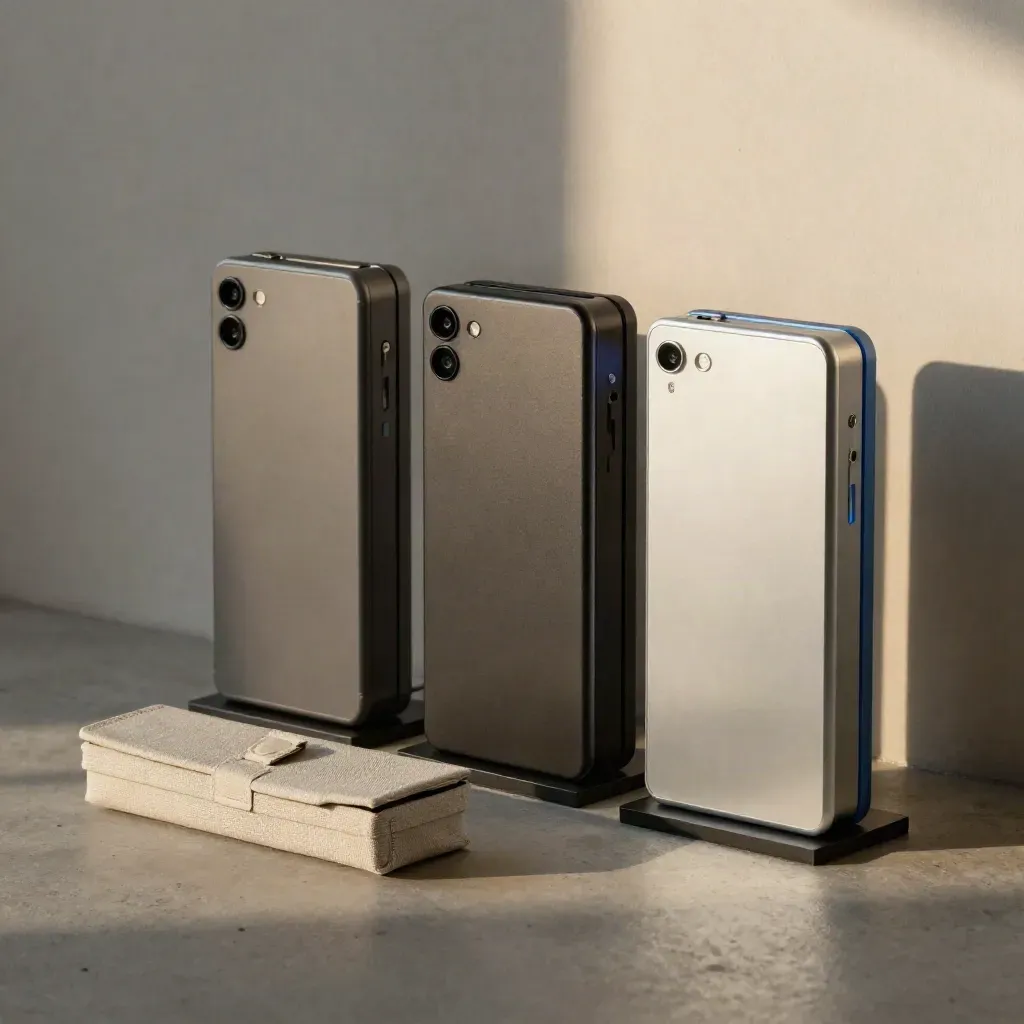 Three prototype cases on plinths beside a closed board deck in a moody demo corner.