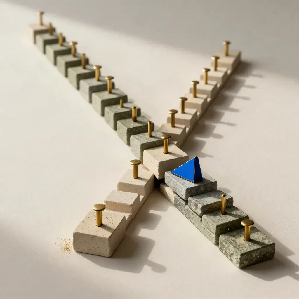 Stepped roadmap blocks and brass pegs advancing diagonally on plaster, with a blue accent.