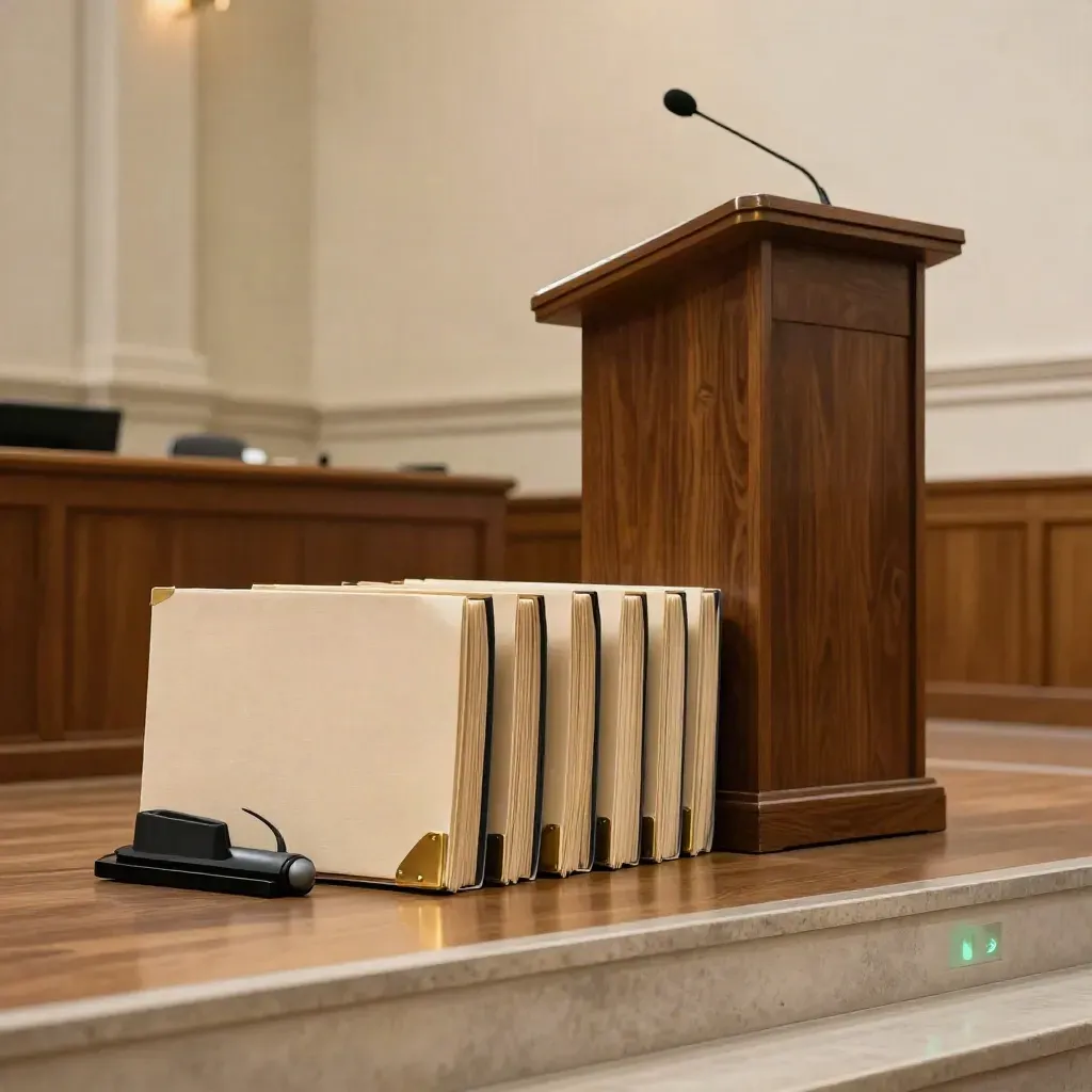 Cream briefing folders, microphone array and walnut lectern in an empty civic chamber.