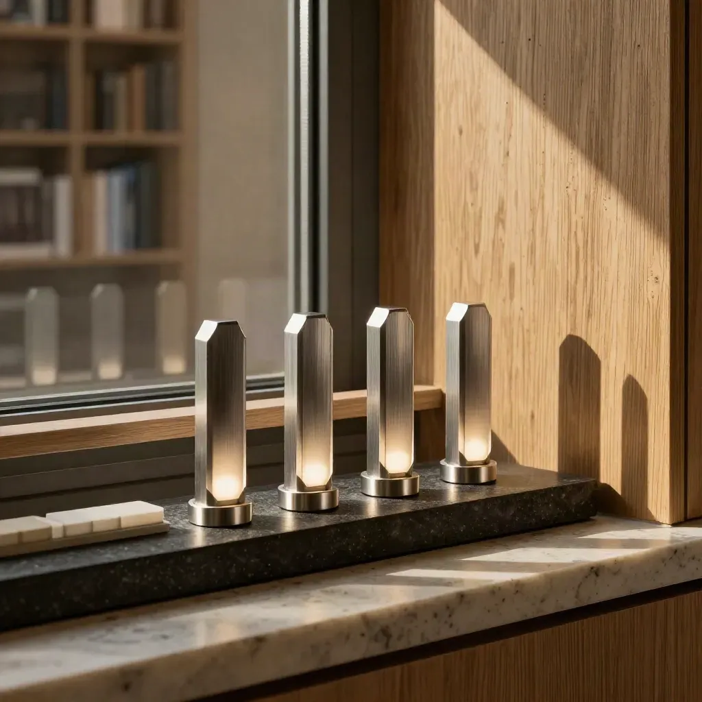 Stone briefing corner with threshold markers and signal lights in a family office