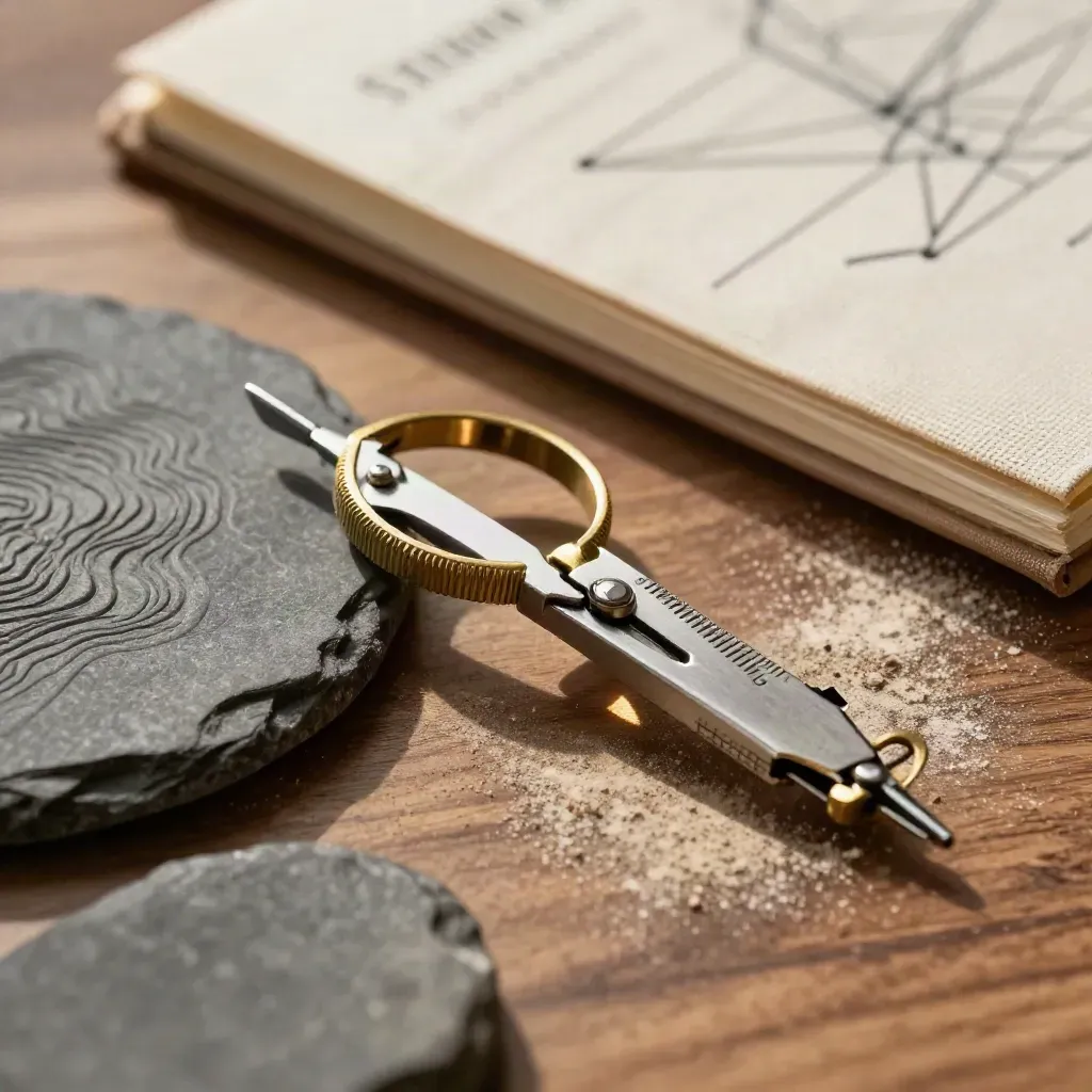 Macro still life of compass, topo disc, slate stone and linen notebook on walnut grain.