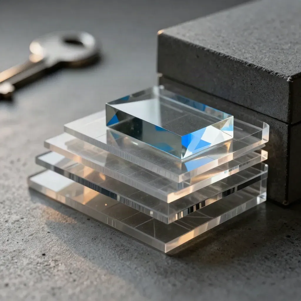 Macro still life of translucent research overlays, prism block and archive box on concrete