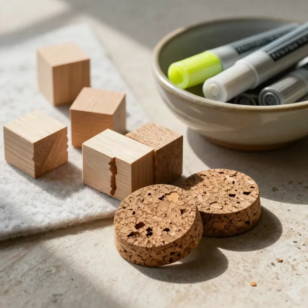 Workshop tokens, timber blocks, felt mat, and markers in a close-up still life