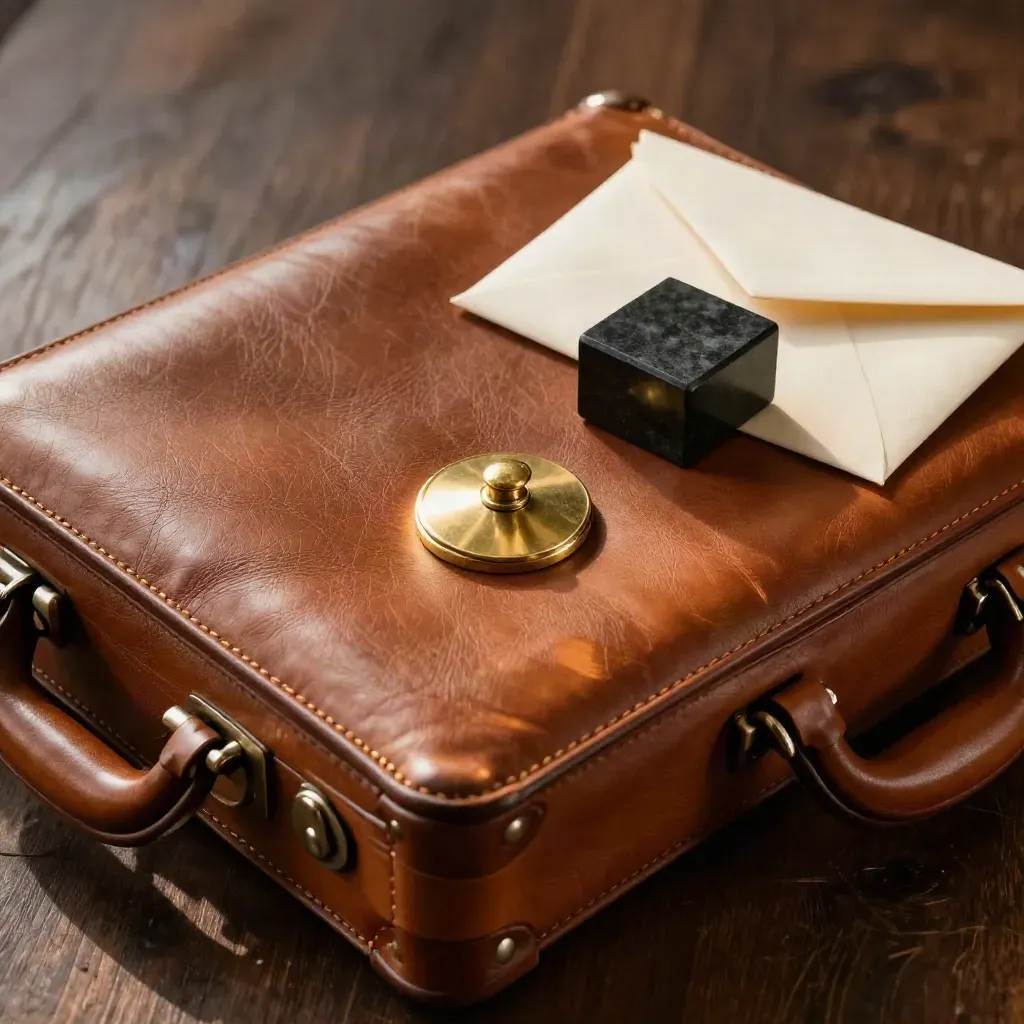Leather briefing case, brass seal, black stone cube, and ivory envelope on dark oak.