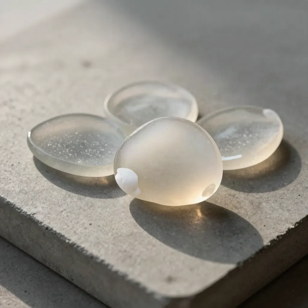 Three translucent chips, graphite token, and pale shard fanned on stone.