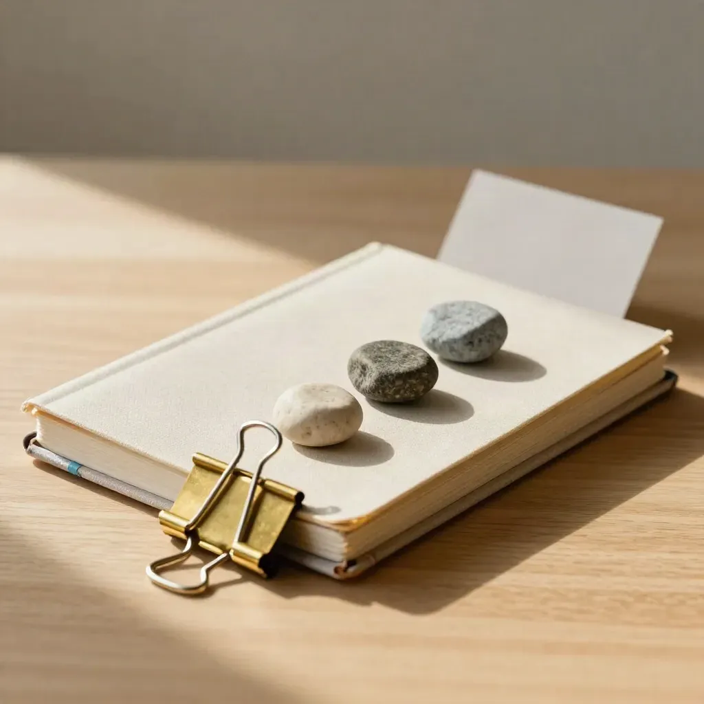 Notebook, binder clip, and stepping stones on pale oak, lit from the side.