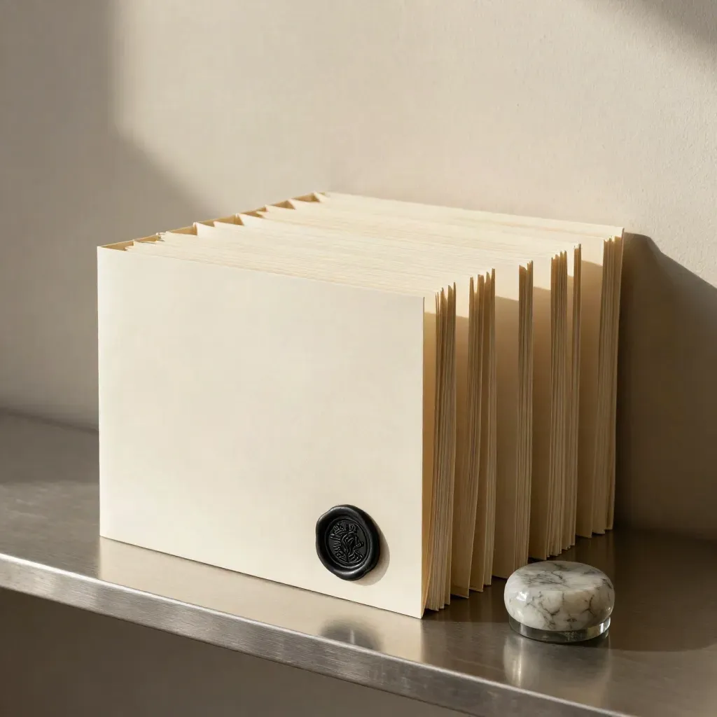 Cream folders, black seal, and stone paperweight on a brushed shelf, softly lit.