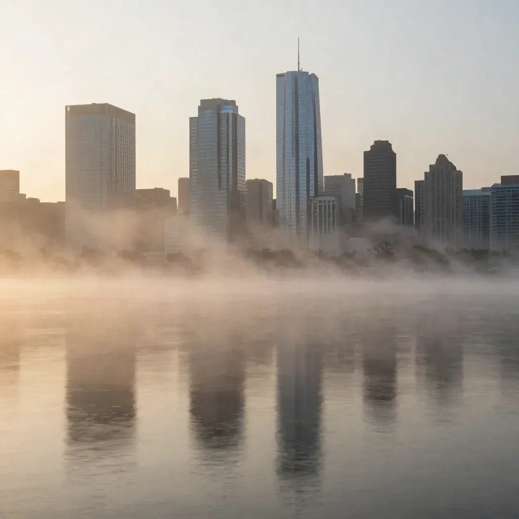 Foggy North American skyline over still water at dawn, with calm open river and high towers.