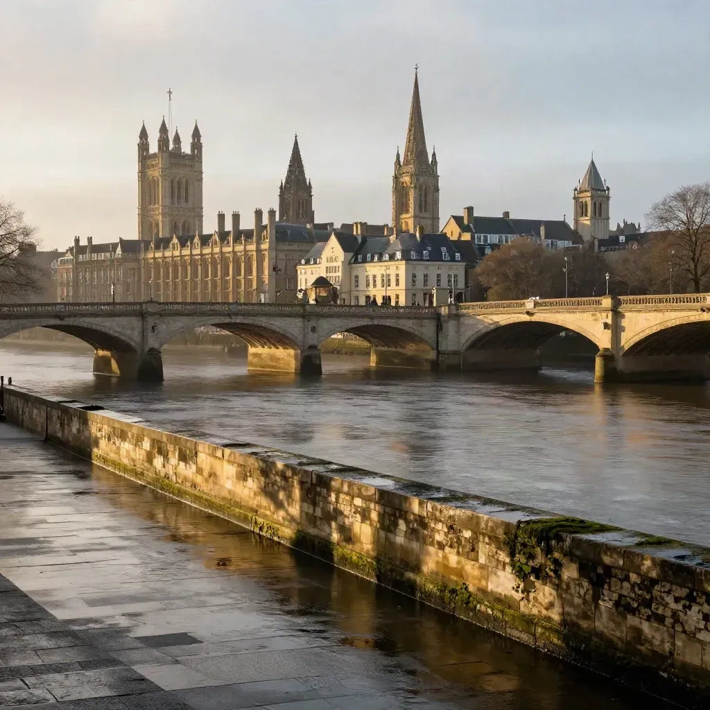 Historic UK riverfront skyline above calm water at golden hour after rain