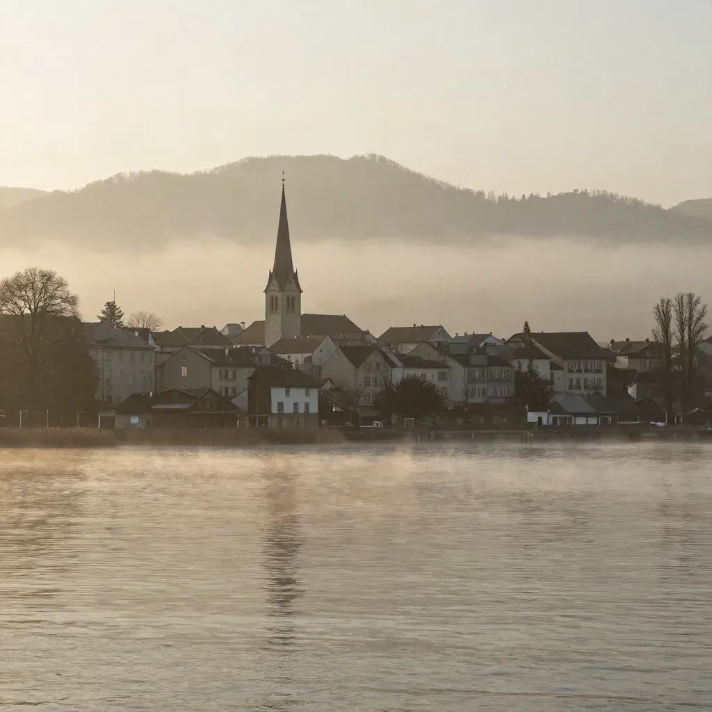 Lakefront European city at sunrise with rooftops, mist, water, and distant mountains.