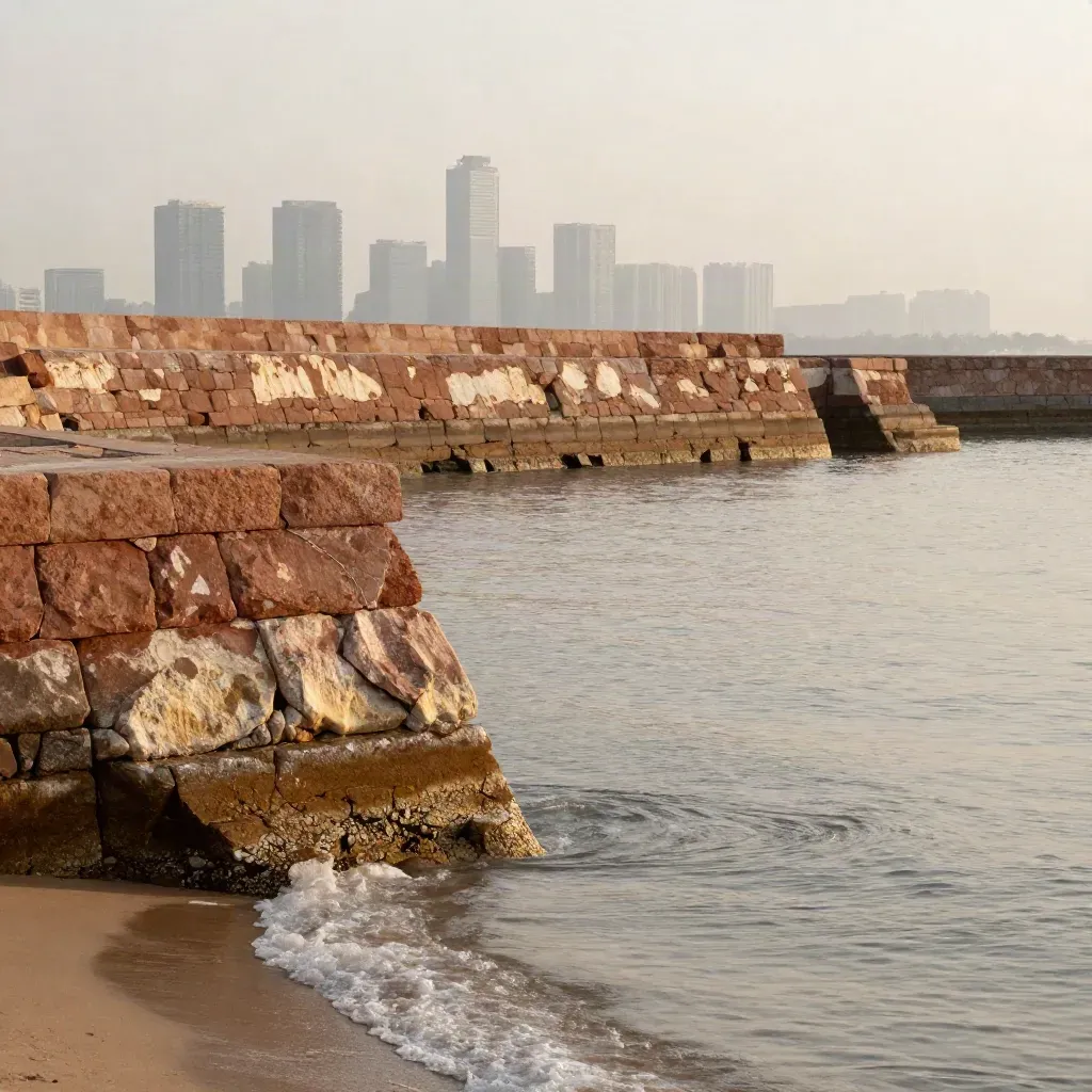 Stone harbor wall above calm water with distant towers in hazy morning light